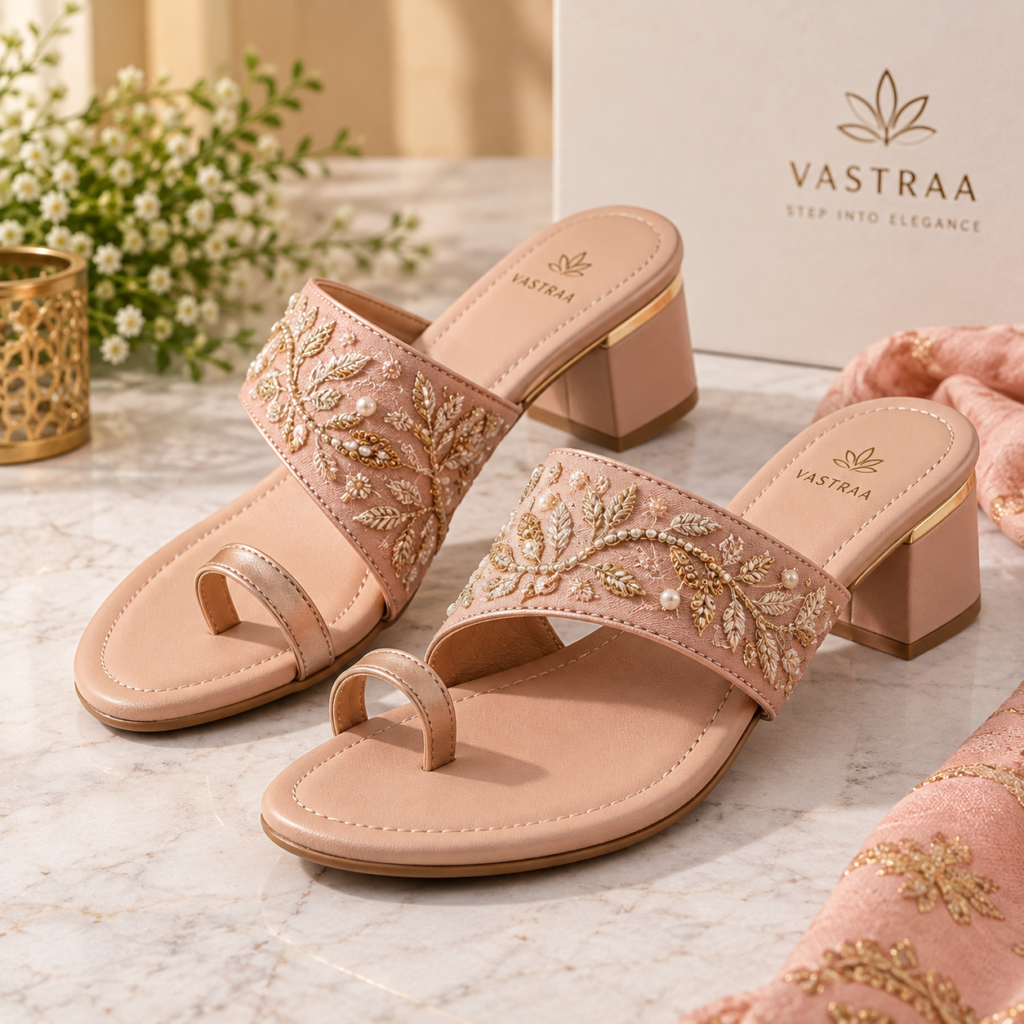 Vastraa Rosé Bloom Embroidered Block-Heel Sandal